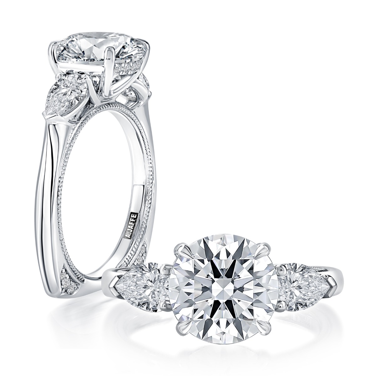 Milgrain Three Stone Diamond Engaement Ring with Round Center Stone with Signature Shank® Band