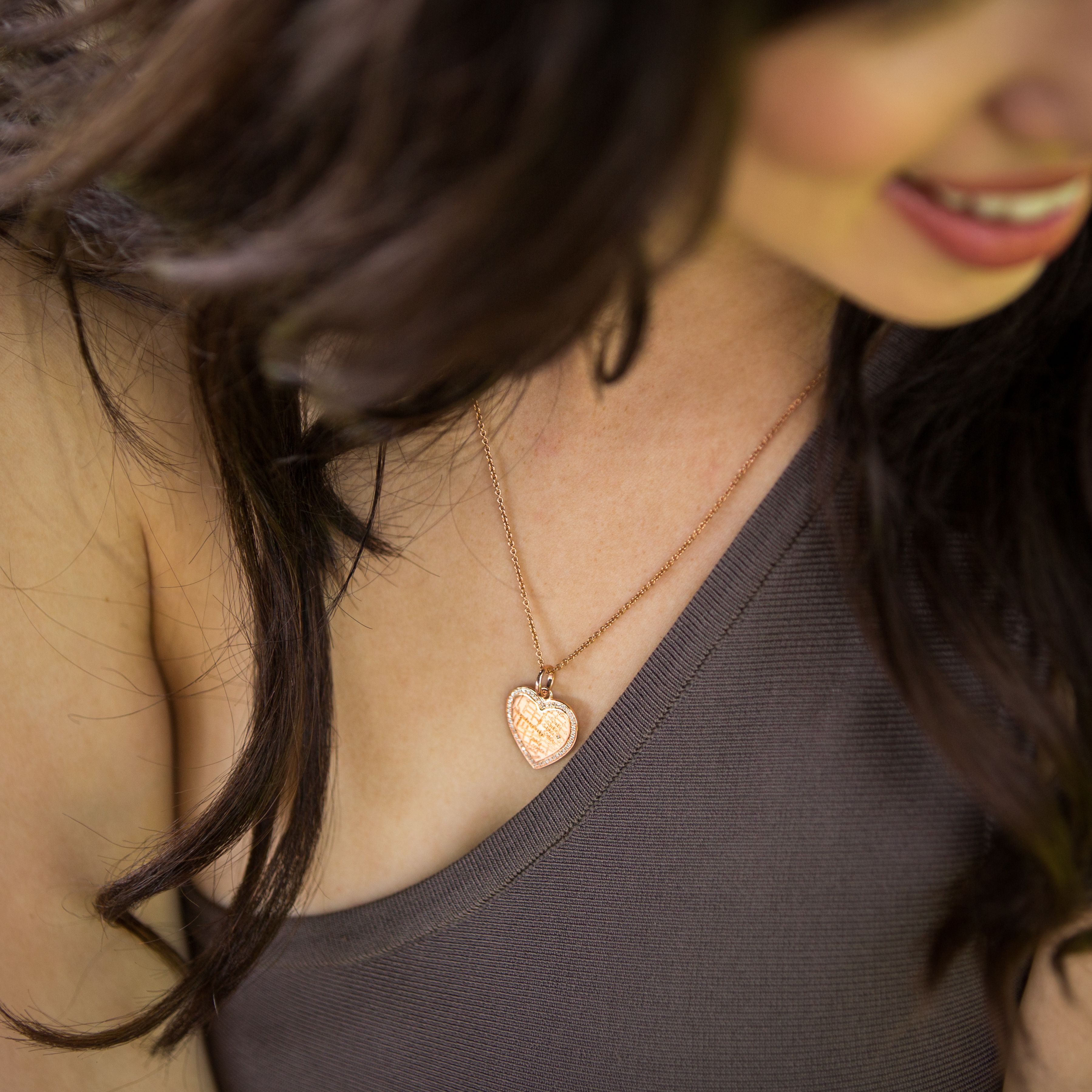 Rose Gold Heart Map Pendant with Diamond Border
